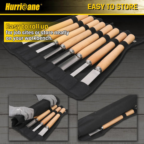 8 Piece Wood Lathe Turning Tool Set for Woodworking with Skew Chisels in roll-up canvas bag