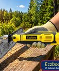 Handheld Electric Chainsaw Sharpener Kit With 6 Titanium Coated Diamond Bits For On The Bar Sharpening shown in use