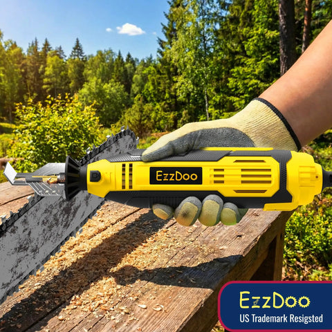 Handheld Electric Chainsaw Sharpener Kit With 6 Titanium Coated Diamond Bits For On The Bar Sharpening shown in use