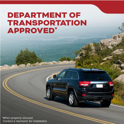 Black SUV on scenic road, promoting Vehicle Fire Extinguisher For Cars And Trucks Single Use 10BC With All Metal Construction Durable Valve.
