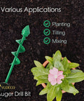 Garden Auger Drill Bit Set For Cordless Drills 2 Pack Bulb Planter Spiral Auger Tool with plant in pot on soil background.