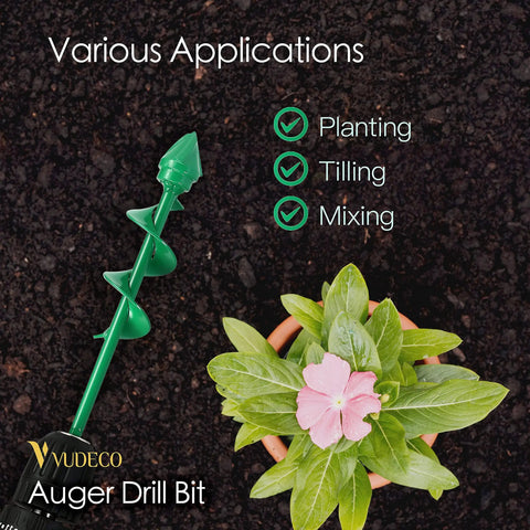 Garden Auger Drill Bit Set For Cordless Drills 2 Pack Bulb Planter Spiral Auger Tool with plant in pot on soil background.