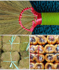 Collage with a red-handled broom, bundled grass, and plastic wrapped rope rolls.