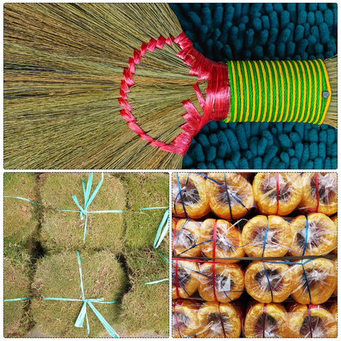 Collage with a red-handled broom, bundled grass, and plastic wrapped rope rolls.