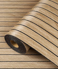 No Sweat Peel And Stick Faux Wood Slats Self Adhesive Wall Panels Light Oak Finish, rolled with herringbone pattern.