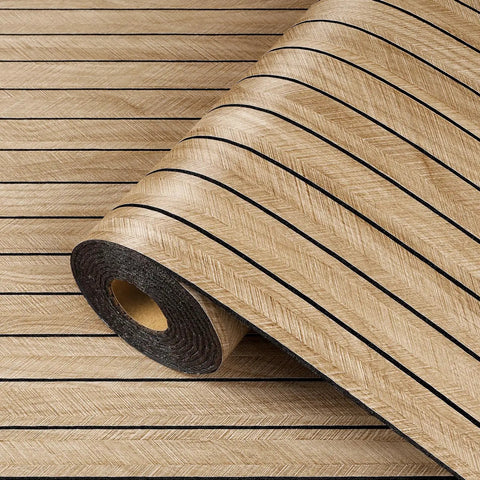 No Sweat Peel And Stick Faux Wood Slats Self Adhesive Wall Panels Light Oak Finish, rolled with herringbone pattern.