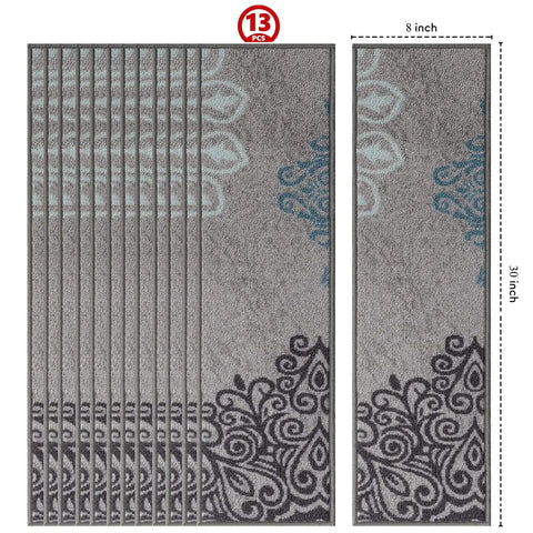 Non Slip Stair Treads Carpet Floral Gray Peel And Stick Set Of 13 8x30 Inches, floral pattern, dimensions indicated