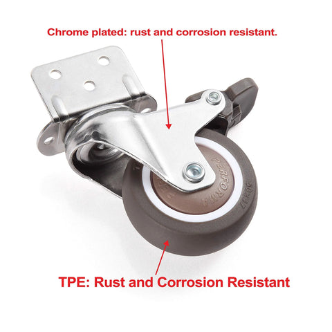 4 Pieces Swivel Plate Casters With Brake, 2 Inch Diameter TPE Casters, L Shaped Mount, shown with chrome-plated surface