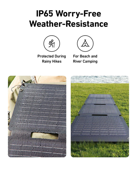 Solix PS30 Foldable 30W Solar Panel Charger with IP65 weatherproof build for camping, shown folded and spread out on grass.