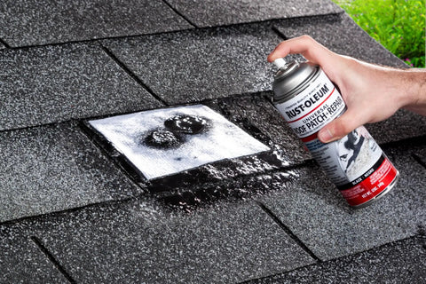 Applying Triple Thick Roof Patch And Sealer Spray 13 Oz Black for quick heavy duty roof repairs on damp or dry surfaces