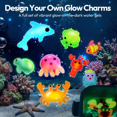 Glow In The Dark Water Gel Kit For Kids With Ten Gels Twelve Sea Creature Molds glowing underwater scene with vibrant sea creatures
