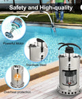 Heavy Duty Three Quarters HP Submersible Sump Pump 3300 GPH Stainless Steel Water Pump With 26 Foot Cord beside a pool