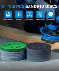 Get That Shiny Finish With These 100 Assorted 5 Inch Wet Dry Sanding Discs featuring 8 holes, showing green and black grits, perfect for sanding.