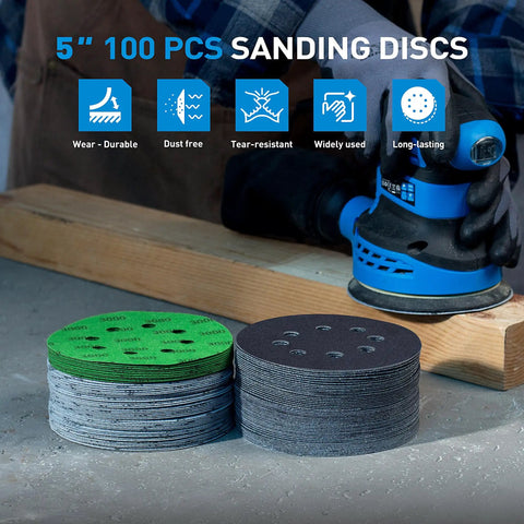 Get That Shiny Finish With These 100 Assorted 5 Inch Wet Dry Sanding Discs featuring 8 holes, showing green and black grits, perfect for sanding.