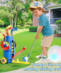 Child playing with Kid Friendly Golf Set For Indoor And Outdoor Play Featuring 3 Adjustable Clubs, golf cart, and tee