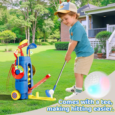 Child playing with Kid Friendly Golf Set For Indoor And Outdoor Play Featuring 3 Adjustable Clubs, golf cart, and tee