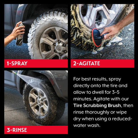 Powerful Foaming Tire Cleaner That Dives Through Brake Dust and Silicone Residue, Lifts Grime From Car, Truck, Motorcycle, and RV Tires, Safe on Whitewalls, 19oz, Model 10952 spray, scrub, and rinse on a truck tire