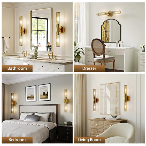 Champagne Gold Battery Operated Wall Sconces Set of 2, Rechargeable Sconce in bathroom and bedroom settings