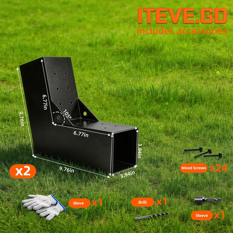 15 Degree Slant Pergola Bracket Kit For 4 By 4 Posts with accessories shown on grass including screws, drill, and glove.