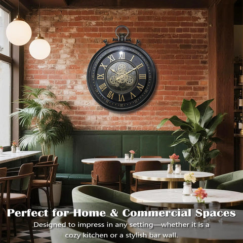 24 Inch Moving Gear Wall Clock Oversized Industrial Steampunk Decor With Big Numerals Carbon Black Finish mounted on brick wall in cafe.