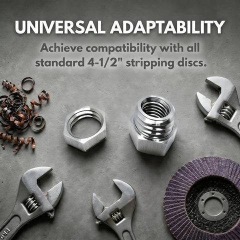 Universal Strip Disc Conversion Kit with hex lock nut adapter next to tools and 4.5 inch by 7/8 inch stripping disc