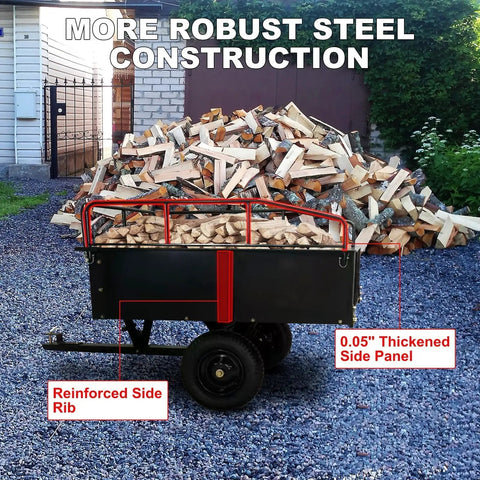 Beefy Heavy Duty Steel Dump Cart With 1,500 Lb Capacity loaded with firewood, reinforced side rib, 0.05" thickened side panel
