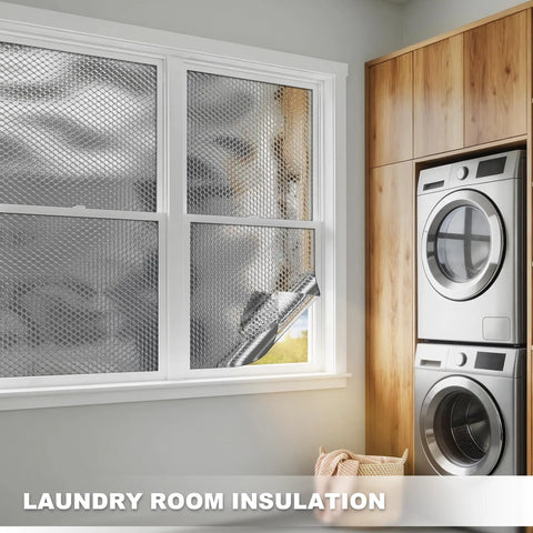 Bubble Reflective Window Insulation Roll For Winter Heat Retention With Double Sided Aluminum Foil And Bubble Layer 59 Inches By 99 Inches An Easy Cut Thermal Shield For RV Windows installed on laundry room window