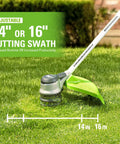 Adjustable cutting swath of Heavy Duty Cordless String Trimmer With Brushless Motor 16 Inch Weed Whacker shown on grass.