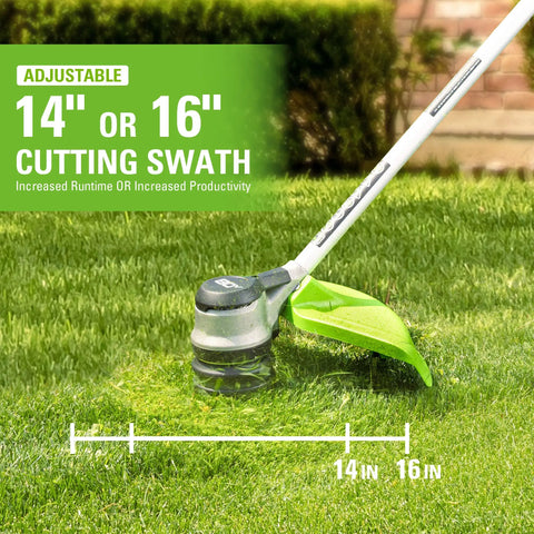 Adjustable cutting swath of Heavy Duty Cordless String Trimmer With Brushless Motor 16 Inch Weed Whacker shown on grass.