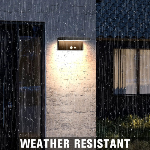Solar Motion Sensor Outdoor Wall Light With 600 Lumen Output And 3 Modes, IP44 aluminum waterproof sconce illuminating wall in rain