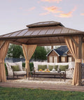 10x12 Hardtop Gazebo With Aluminum Frame And Metal Roof, Double Galvanized Steel Roof For All Weather Durability, Includes Curtains And Netting