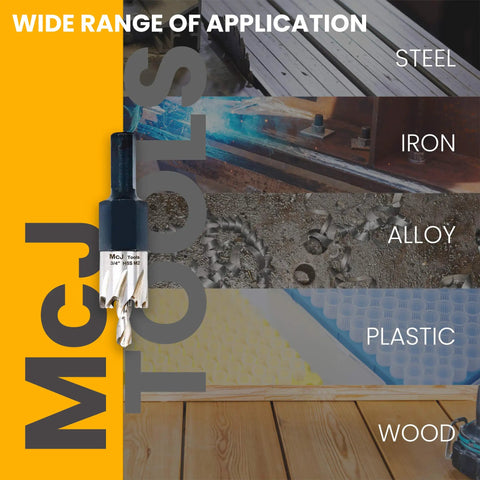 1-3/8 Inch HSS M2 Drill Bit Hole Saw For Metal Cutting, Fits Steel, Iron, Alloy, Copper; shown with application on various materials