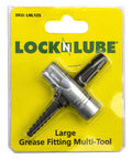 Front view of LockNLube Large grease fitting multi-tool in yellow packaging; silver metal body.