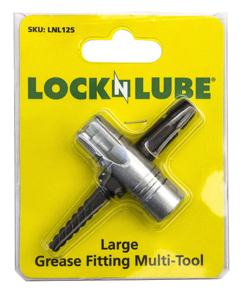 Front view of LockNLube Large grease fitting multi-tool in yellow packaging; silver metal body.