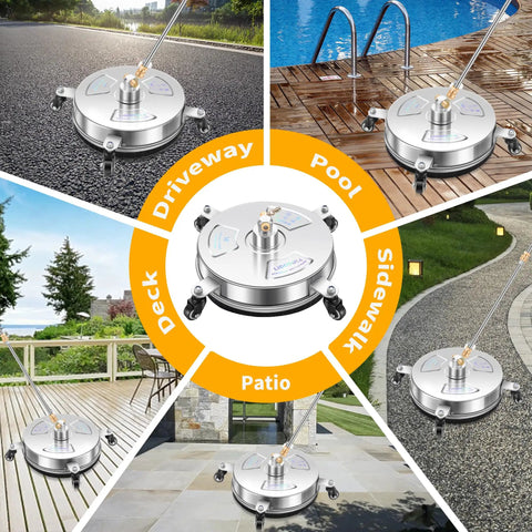 Collage image of 14 Inch Pressure Washer Surface Cleaner With Four Wheels Stainless Steel Construction on various surfaces.