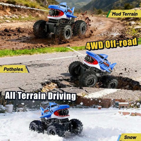 Beast Amphibious Remote Control Shark Monster Truck conquering muddy, rocky, and snowy terrains; 4WD all-terrain RC car