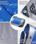 Close-up of Two Pack 3 By 4 Feet Waterproof Tarp Set 7.5 Mil Heavy Duty Poly Tarpaulin with reinforced metal grommets, blue and silver.