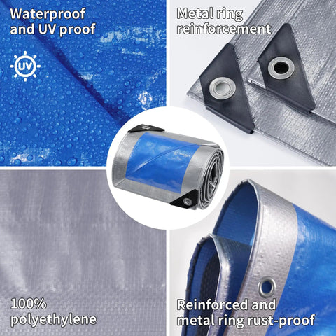 Close-up of Two Pack 3 By 4 Feet Waterproof Tarp Set 7.5 Mil Heavy Duty Poly Tarpaulin with reinforced metal grommets, blue and silver.