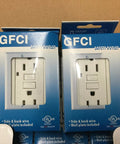 No Sweat Workhorse Gfci Outlet 15 Amp 120 Volt White Wall Receptacles 100 Pack UL Listed Electrical Reset Switches in packaging.