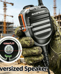 Person holding Shoulder Mic For Walkie Talkie Remote Police Microphone with oversize speaker, durable waterproof plastic construction