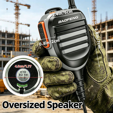 Person holding Shoulder Mic For Walkie Talkie Remote Police Microphone with oversize speaker, durable waterproof plastic construction