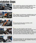 Installation steps for 23 Piece No Spill Coolant Funnel And Siphon Hose Pump Kit, showcasing adapter use and funnel filling.