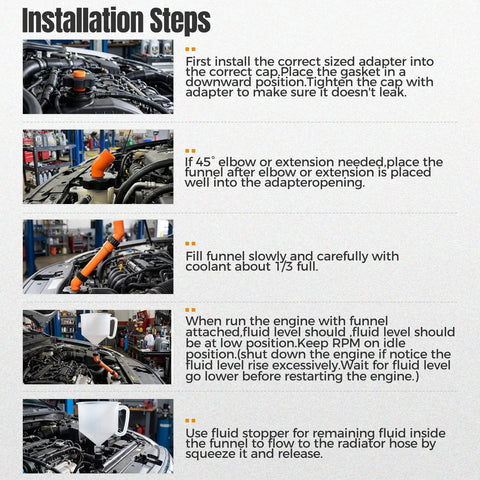 Installation steps for 23 Piece No Spill Coolant Funnel And Siphon Hose Pump Kit, showcasing adapter use and funnel filling.