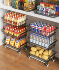 Three Tier Rolling Pantry Cart With Wheels, Stackable Wire Baskets For Pantry Shelves, Fruit And Veggie Storage Stand filled with snacks and drinks