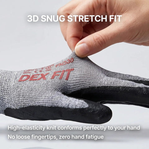 Close-up of Ultra Thin Nitrile Work Gloves FN330 With 3D Comfort Fit showing stretch fit and non-slip grip, grey, medium size.