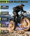 Huge 9000W Peak Dual Motor Electric Bike For Adults With Insane Speed Up To 47 Mph And Heavy Duty Build For Climbing Steep Slopes Like A Pro. rider on fat tire e-bike climbing rocky mountain trail