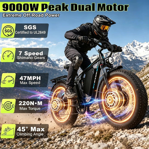 Huge 9000W Peak Dual Motor Electric Bike For Adults With Insane Speed Up To 47 Mph And Heavy Duty Build For Climbing Steep Slopes Like A Pro. rider on fat tire e-bike climbing rocky mountain trail