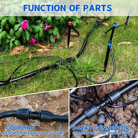 Half Inch Drip Irrigation Tubing For Garden And Landscape Main Line Hose Thick Three Millimeter Wall 50 Feet Includes Two Pack Six Way Connectors And One Half Inch Straight Connector For Easy No Fuss Watering System Setup installed in garden with connectors shown