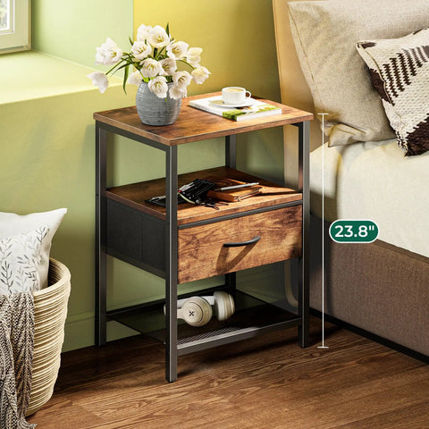 Two Pack Nightstand Set With Fabric Drawers And Mesh Shelf, Open Storage, And Sturdy Metal Frame In Rustic Brown beside bed