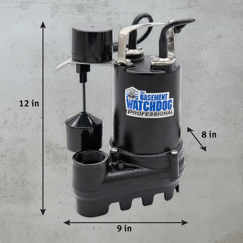 Cast Iron 1/2 HP Submersible Sump Pump With Copper-Wound PSC Motor, 4300 GPH At 0 Ft Lift, 3600 GPH, vertical switch, dimensions 12x9x8 inches